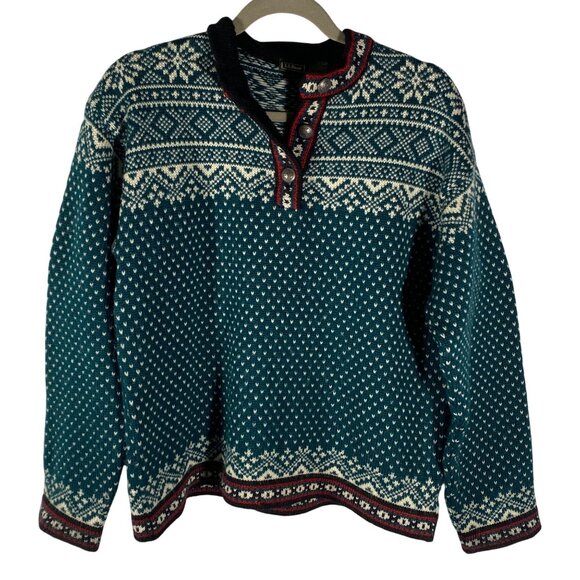 L.L. Bean Womens Medium Fair Isle Merino Wool Sweater Forest Green White Nordic - Picture 1 of 9